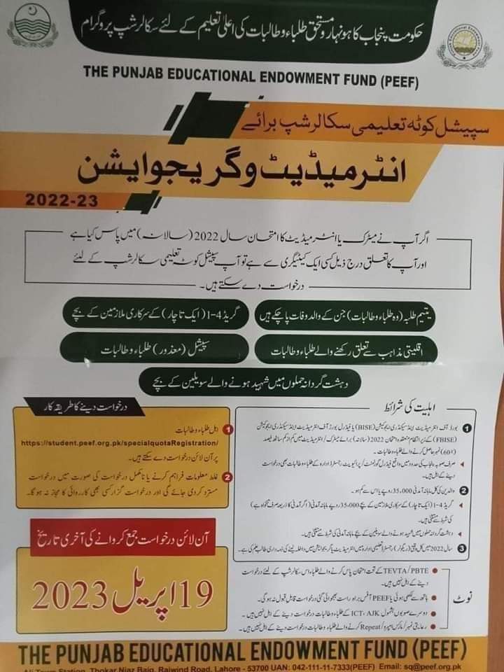 PEEF scholarship For students in Punjab 2023 Apply Online